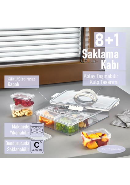 9 Parça Kahvaltılık Çerezlik Sızdırmaz Saklama Kabı Şeffaf Buzdolabı Düzenleyici Beyaz