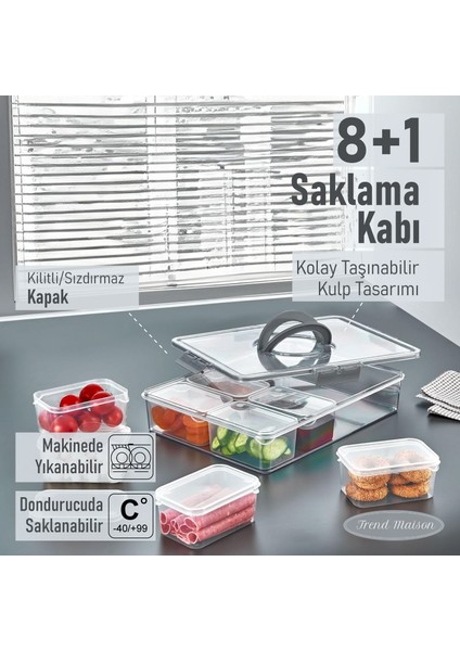 9 Parça Kahvaltılık Çerezlik Sızdırmaz Saklama Kabı Şeffaf Buzdolabı Düzenleyici Antrasit