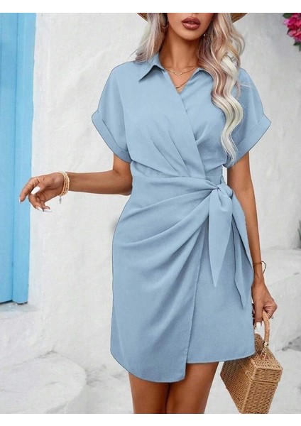 Kadın Kısa Kollu Yakalı Yandan Bağlamalı Dokuma Elbise fırsatları