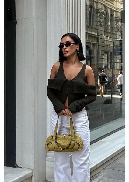 Kadın Haki Kruvaze Triko Kısa Hırka