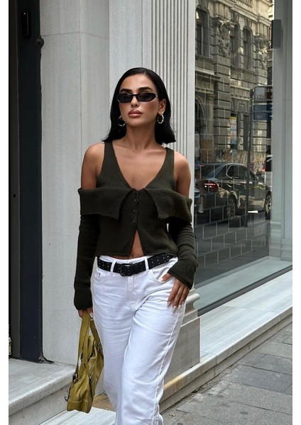 Kadın Haki Kruvaze Triko Kısa Hırka fiyatları