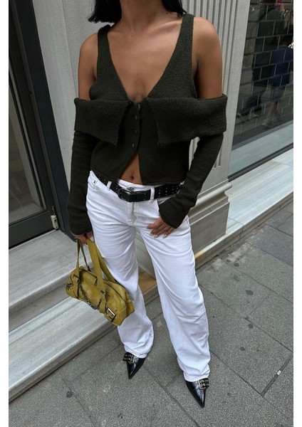 Kadın Haki Kruvaze Triko Kısa Hırka modelleri