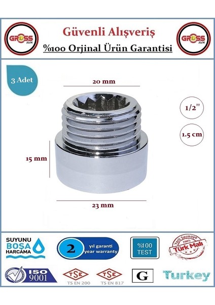 1/2'' Musluk Uzatması - 1.5cm - Paslanmaz Çelik - 3 Adet fiyatları