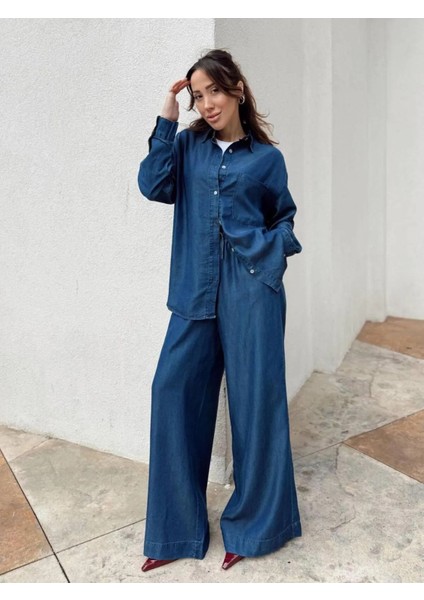 Kadın Mavi Denim Gömlek Pantalon Takım
