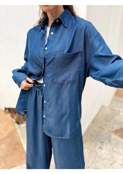 Kadın Mavi Denim Gömlek Pantalon Takım fırsatları