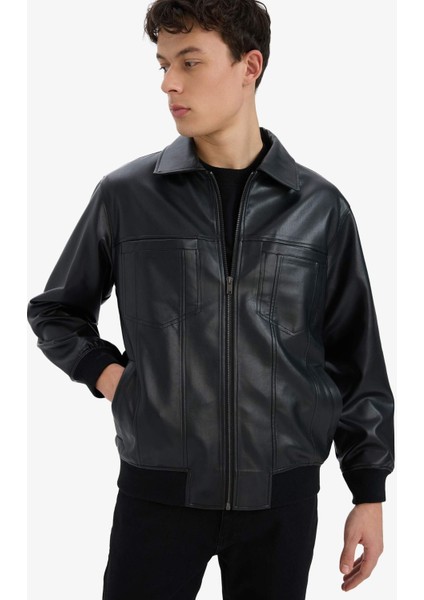 Su İtici Regular Fit Gömlek Yaka Fermuarlı İç Cepli Suni Deri Mevsimlik Ceket Mont C5843AX25AU