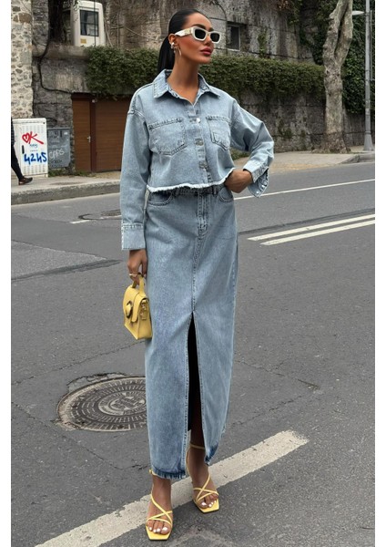 Kadın Açık Mavi Cotton Crop Polo Yaka Denim Takım fiyatları