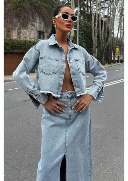 Kadın Açık Mavi Cotton Crop Polo Yaka Denim Takım fırsatları