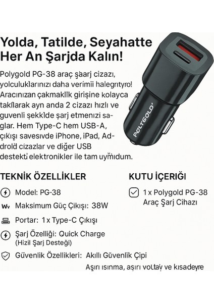 | Pg-38 | 38W Araç Şarj Cihazı | Type-C + USB Hızlı Şarj | Iphone/ipad Uyumlu fırsatları