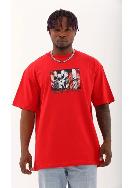 Unisex Oversize Baskılı Bisiklet Yaka T-Shirt - Kırmızı