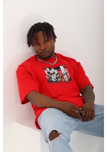 Unisex Oversize Baskılı Bisiklet Yaka T-Shirt - Kırmızı fiyatları