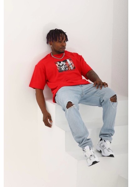 Unisex Oversize Baskılı Bisiklet Yaka T-Shirt - Kırmızı modelleri