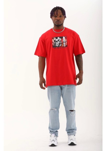Unisex Oversize Baskılı Bisiklet Yaka T-Shirt - Kırmızı fırsatları