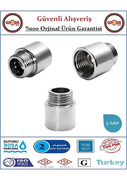 1/2'' Musluk Uzatması - 2cm - Paslanmaz Çelik - 3 Adet