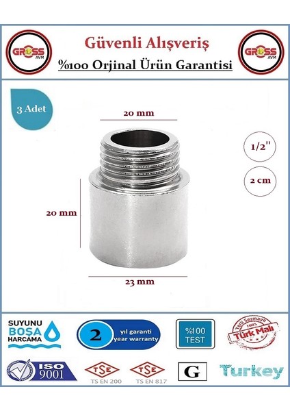1/2'' Musluk Uzatması - 2cm - Paslanmaz Çelik - 3 Adet fiyatları