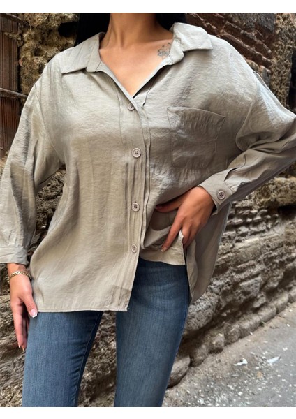 Haki Cepli Viskon-Polyester Düşük Gömlek