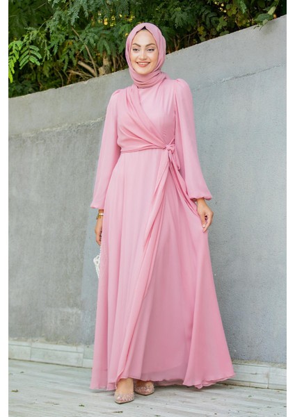Narin Mat Şifon Tesettür Abiye-Pembe