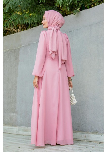Narin Mat Şifon Tesettür Abiye-Pembe modelleri