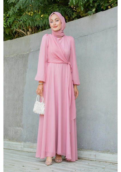 Narin Mat Şifon Tesettür Abiye-Pembe fırsatları