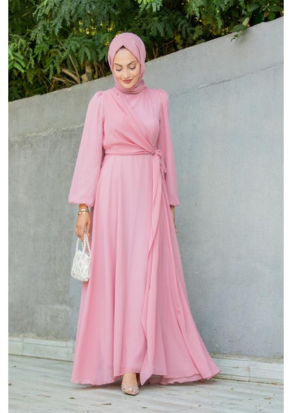 Narin Mat Şifon Tesettür Abiye-Pembe indirimleri