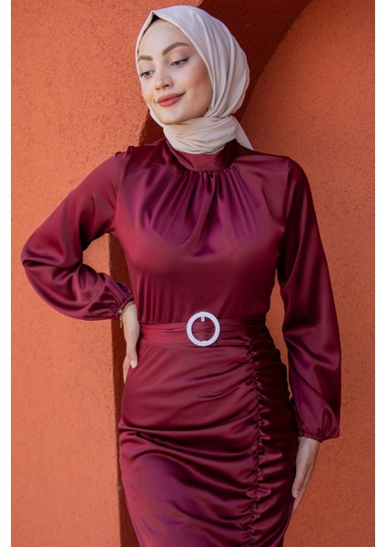 Kuğu Asetat Saten Abiye Elbise-Bordo fiyatları