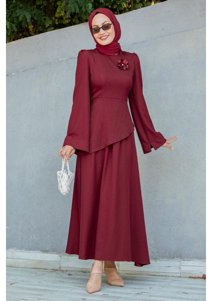 Rise Keten Broşlu Bluz Etek Takım-Bordo