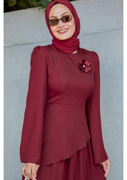 Rise Keten Broşlu Bluz Etek Takım-Bordo fiyatları