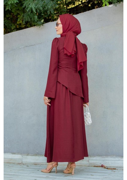 Rise Keten Broşlu Bluz Etek Takım-Bordo modelleri