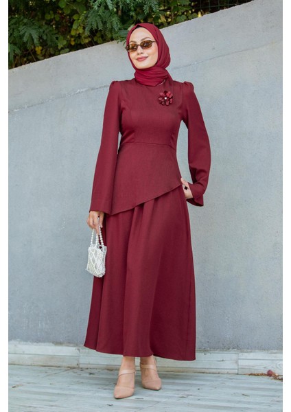 Rise Keten Broşlu Bluz Etek Takım-Bordo fırsatları