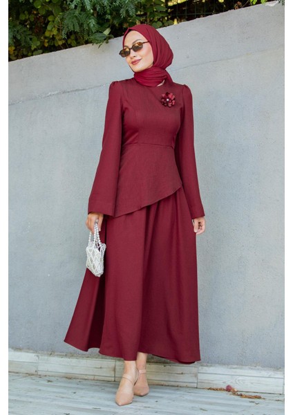 Rise Keten Broşlu Bluz Etek Takım-Bordo indirimleri