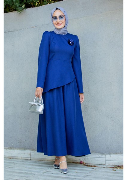 Rise Keten Broşlu Bluz Etek Takım-Laci indirimleri