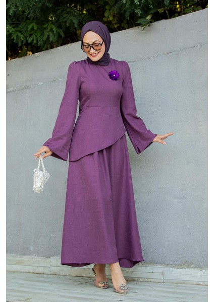 Rise Keten Broşlu Bluz Etek Takım-Mor