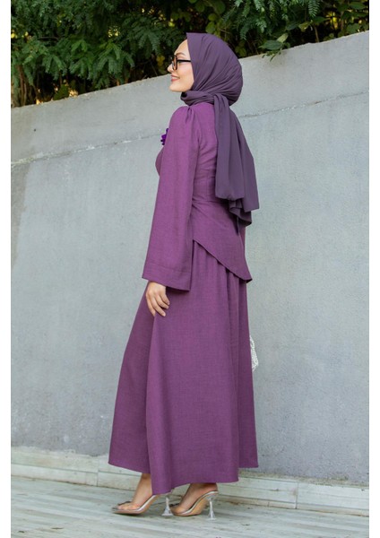 Rise Keten Broşlu Bluz Etek Takım-Mor modelleri