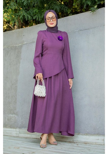 Rise Keten Broşlu Bluz Etek Takım-Mor fırsatları