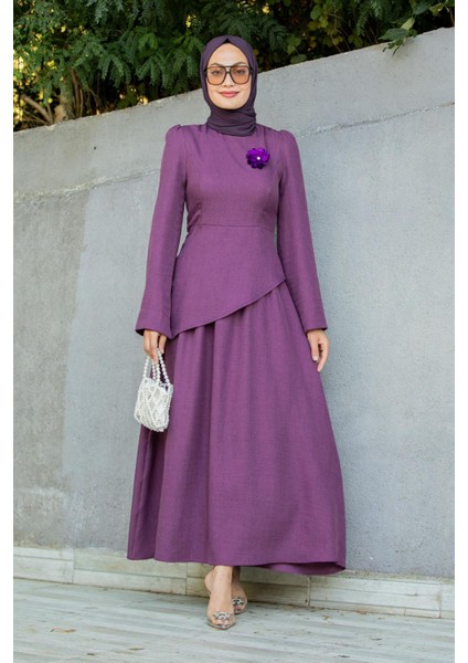 Rise Keten Broşlu Bluz Etek Takım-Mor indirimleri