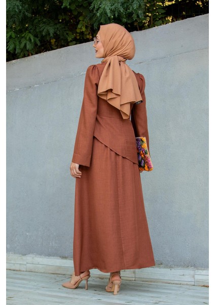 Rise Keten Broşlu Bluz Etek Takım-Kahverenk modelleri