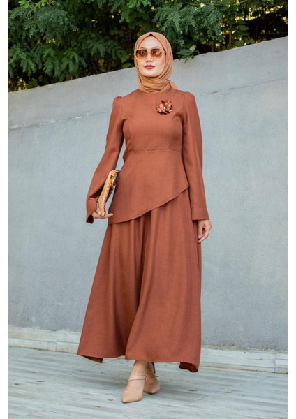 Rise Keten Broşlu Bluz Etek Takım-Kahverenk fırsatları