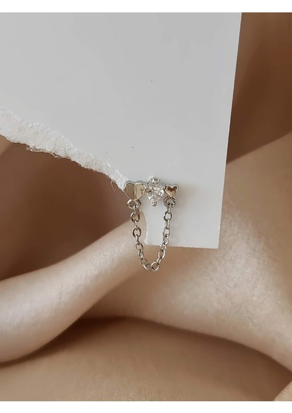 Kalp Zincir Sallantılı Model Kıkırdak Tragus Helix Piercing Gümüş Renk Küpe