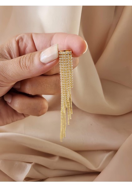 Kristal Taşlı Zincir Sallantılı Deliksiz Kıkırdak Gold Altın Renkli Küpe