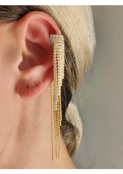 Kristal Taşlı Zincir Sallantılı Deliksiz Kıkırdak Gold Altın Renkli Küpe modelleri