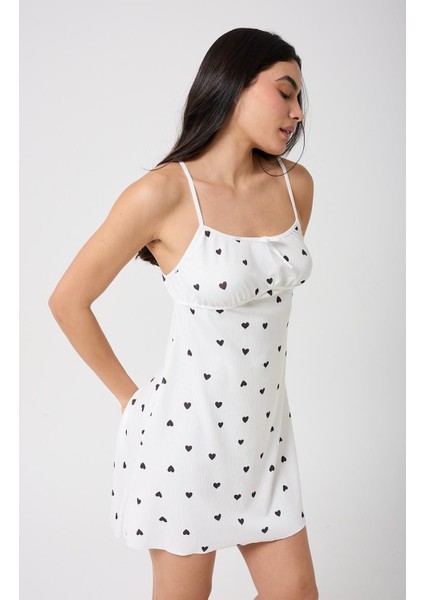 Kalp Baskılı Askılı Mini Pijama Gecelik+Tanga
