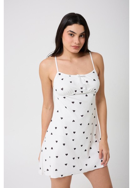 Kalp Baskılı Askılı Mini Pijama Gecelik+Tanga fırsatları