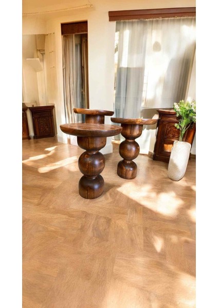 Açık Ceviz Renk Ahşap Mantar Sehpa Seti – Modern 3’lü Yan Sehpa Takımı