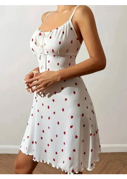Çilek Baskılı Askılı Pijama Gecelik+Tanga