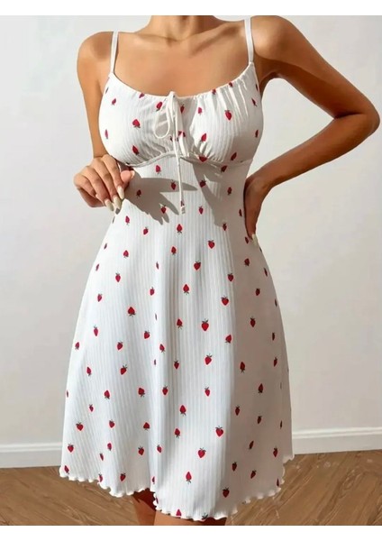 Çilek Baskılı Askılı Pijama Gecelik+Tanga modelleri
