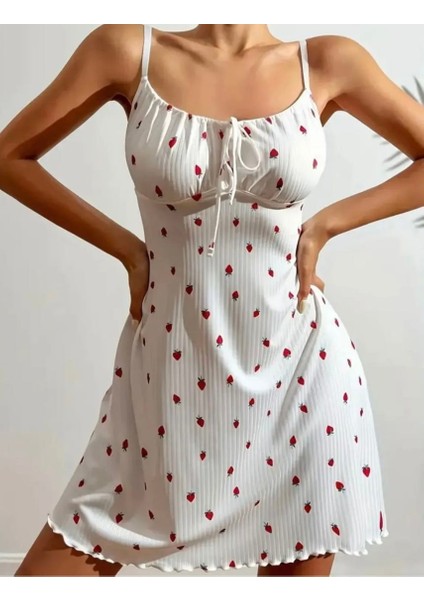 Çilek Baskılı Askılı Pijama Gecelik+Tanga fırsatları