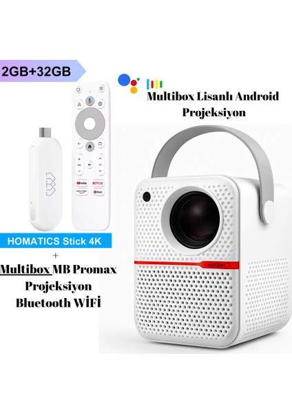 Homatıcs 4K Tv Stick + Multibox MB Promax 4/64 Android 10 Projeksiyon Seti