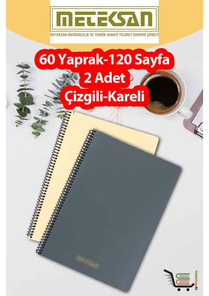 2 Adet A4 Ebat 60 YAPRAK(120 Sayfa) Spiralli Plastik Kapaklı Okul Defteri-Meteksan