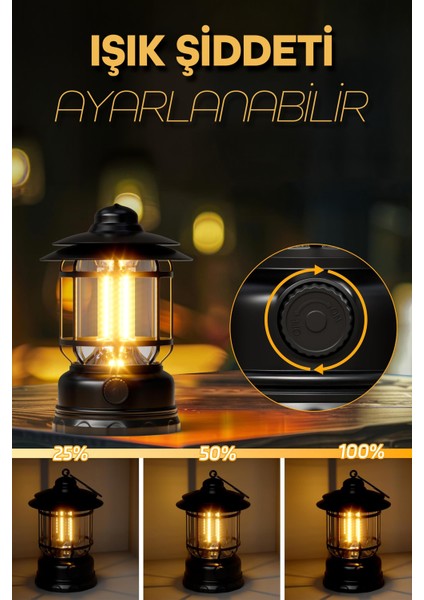 Şarjlı Kamp Lambası Solar LED Işık Ayarlı Askılı El Feneri Portatif Işıldak Gece Lamba Siyah PR27 fiyatları