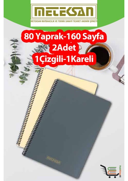 2 Adet A4 Ebat 80 YAPRAK(160 Sayfa) Spiralli Plastik Kapaklı Okul Defteri-Meteksan